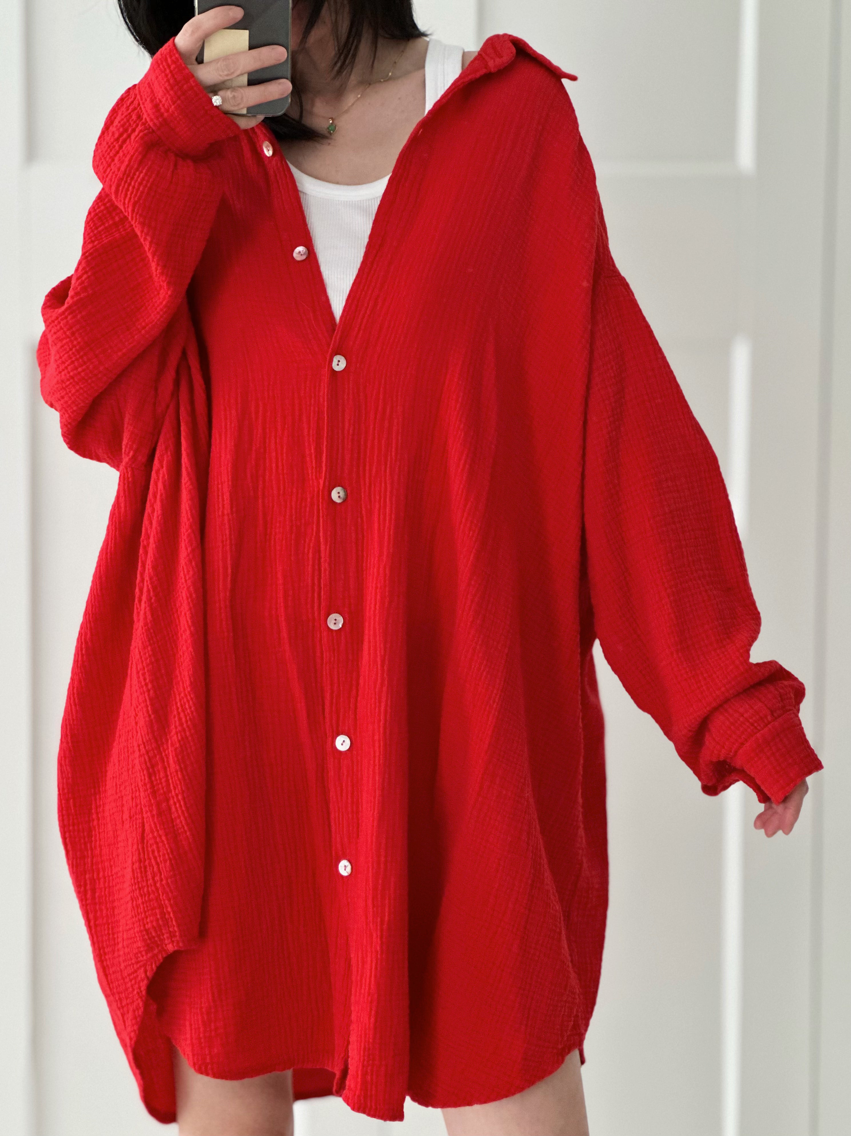 Musselin Bluse, long oversize, Rot