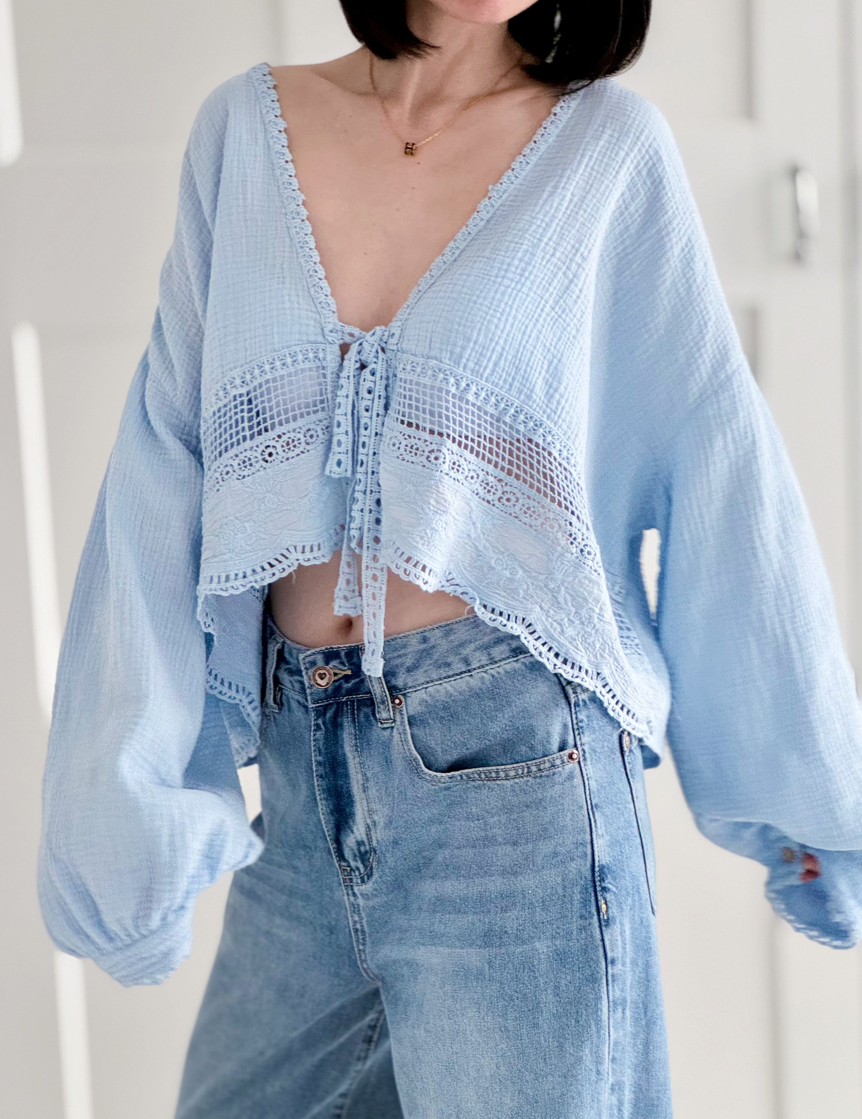 Musselin Bluse, Spitze, zu Binden, 3 Farben