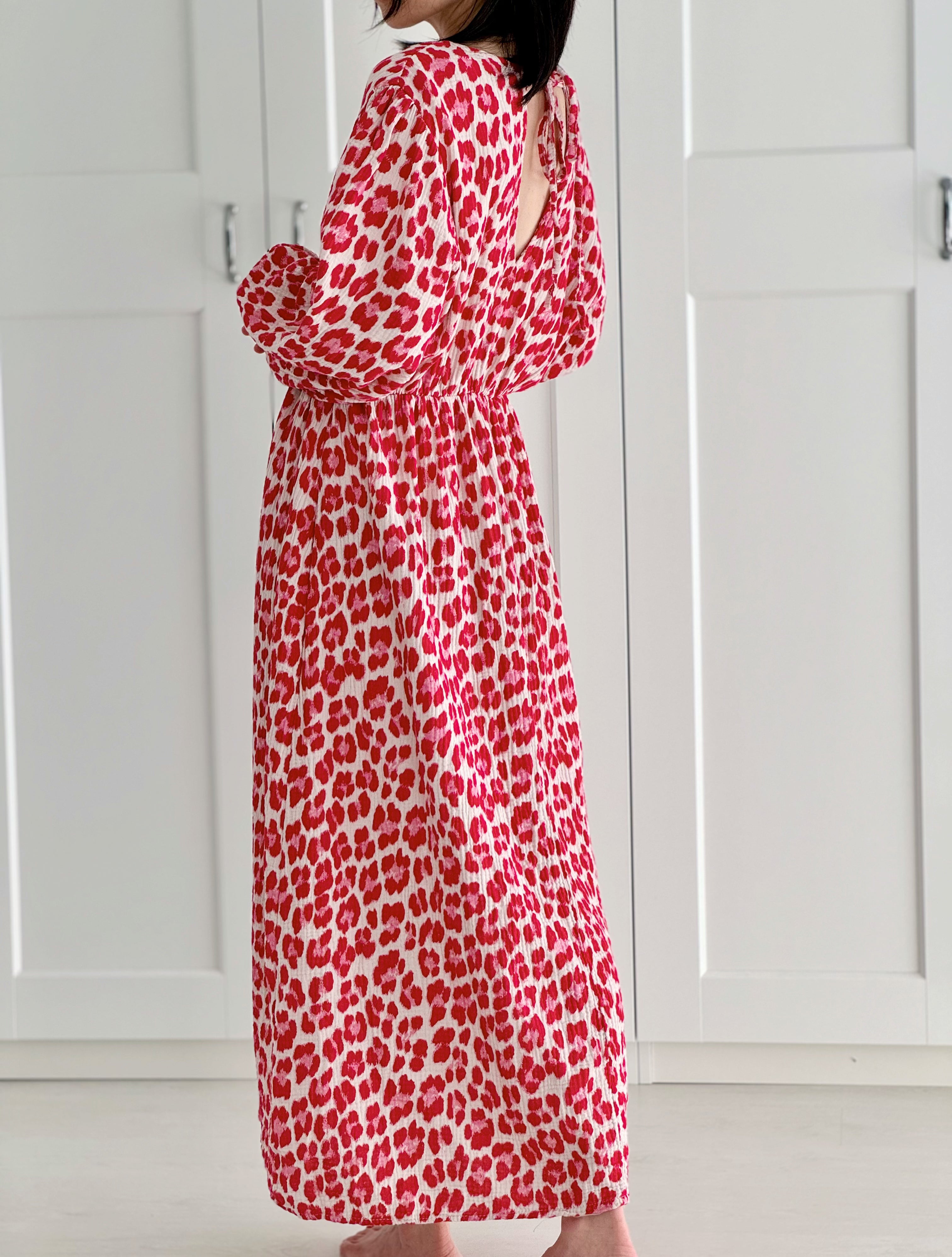 Musselin Kleid, Rückenausschnitt, Bunte Leo, 4 Farben