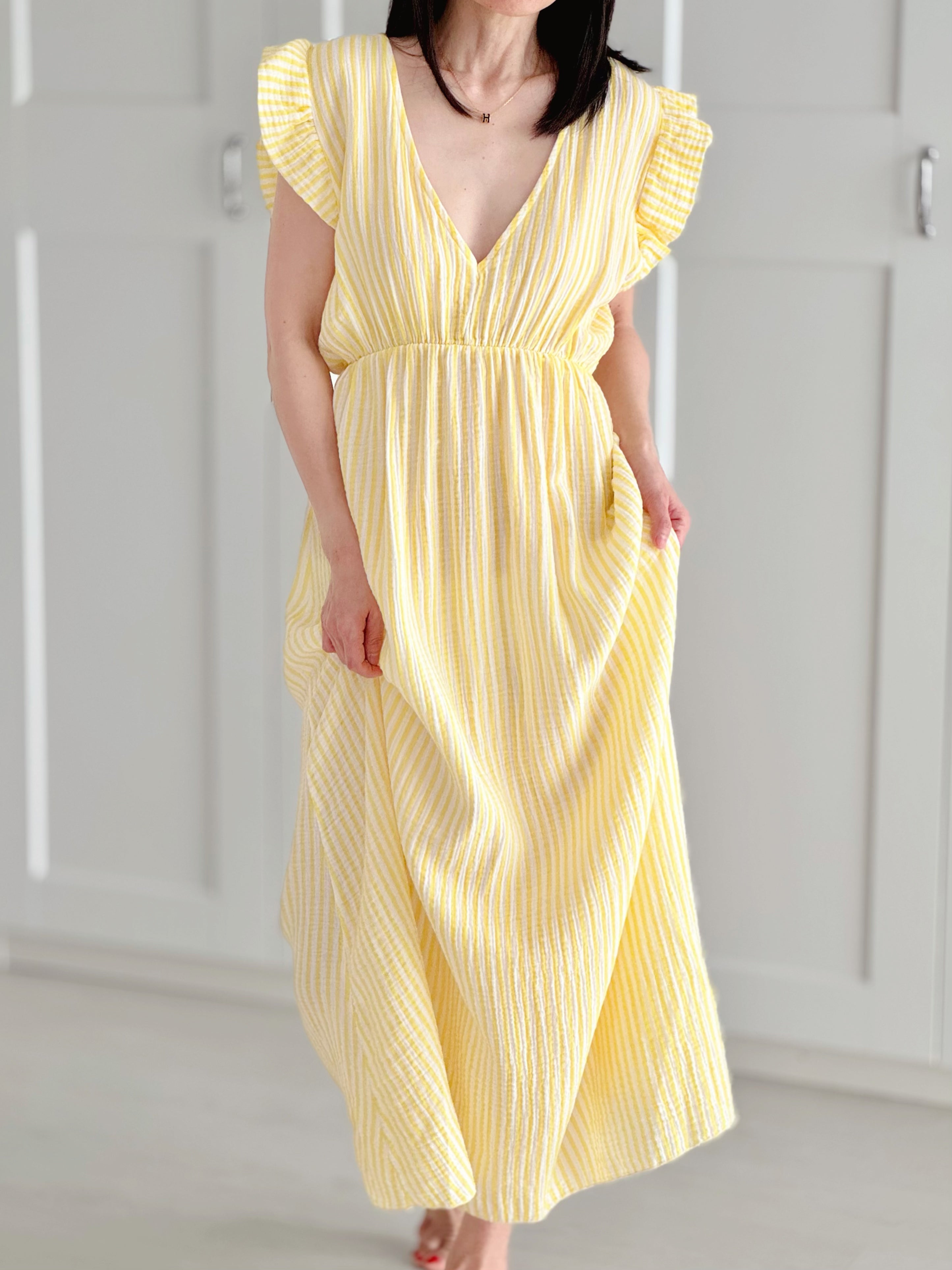 Musselin Kleid, rückenfrei, ärmellos, Streifen, Gelb