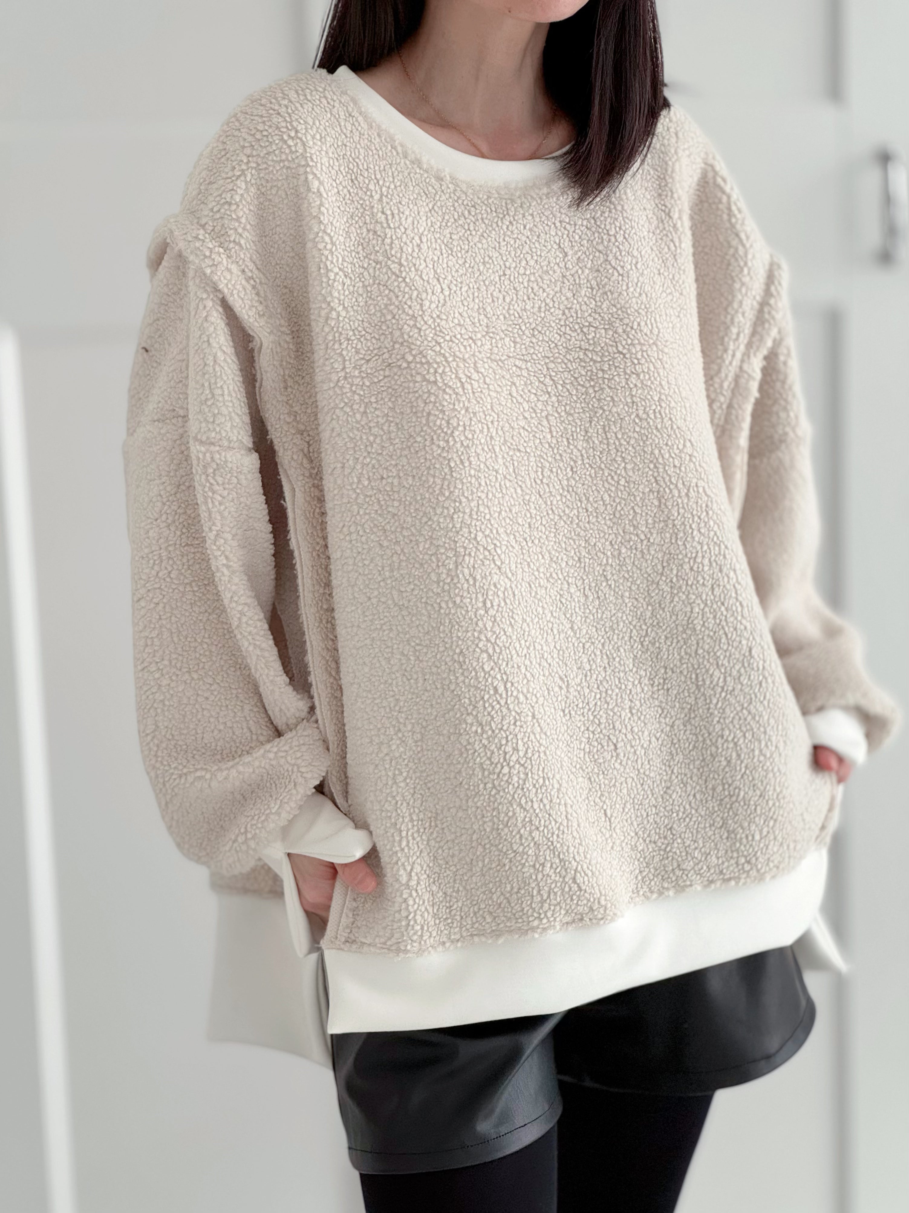 Teddy-Sweatshirt, Oversize, mit Schlitzbund, 4 Farben