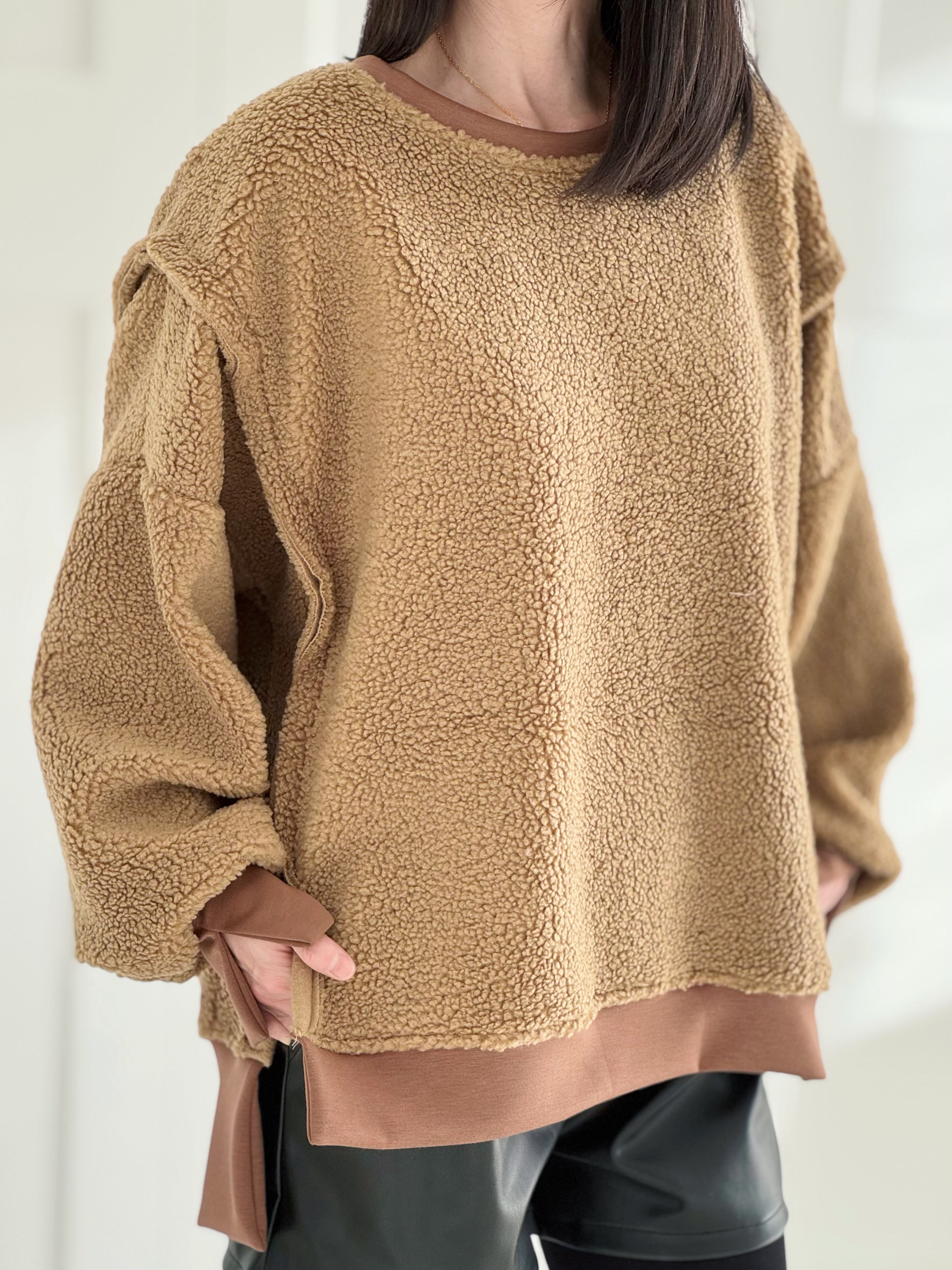 Teddy-Sweatshirt, Oversize, mit Schlitzbund, 4 Farben