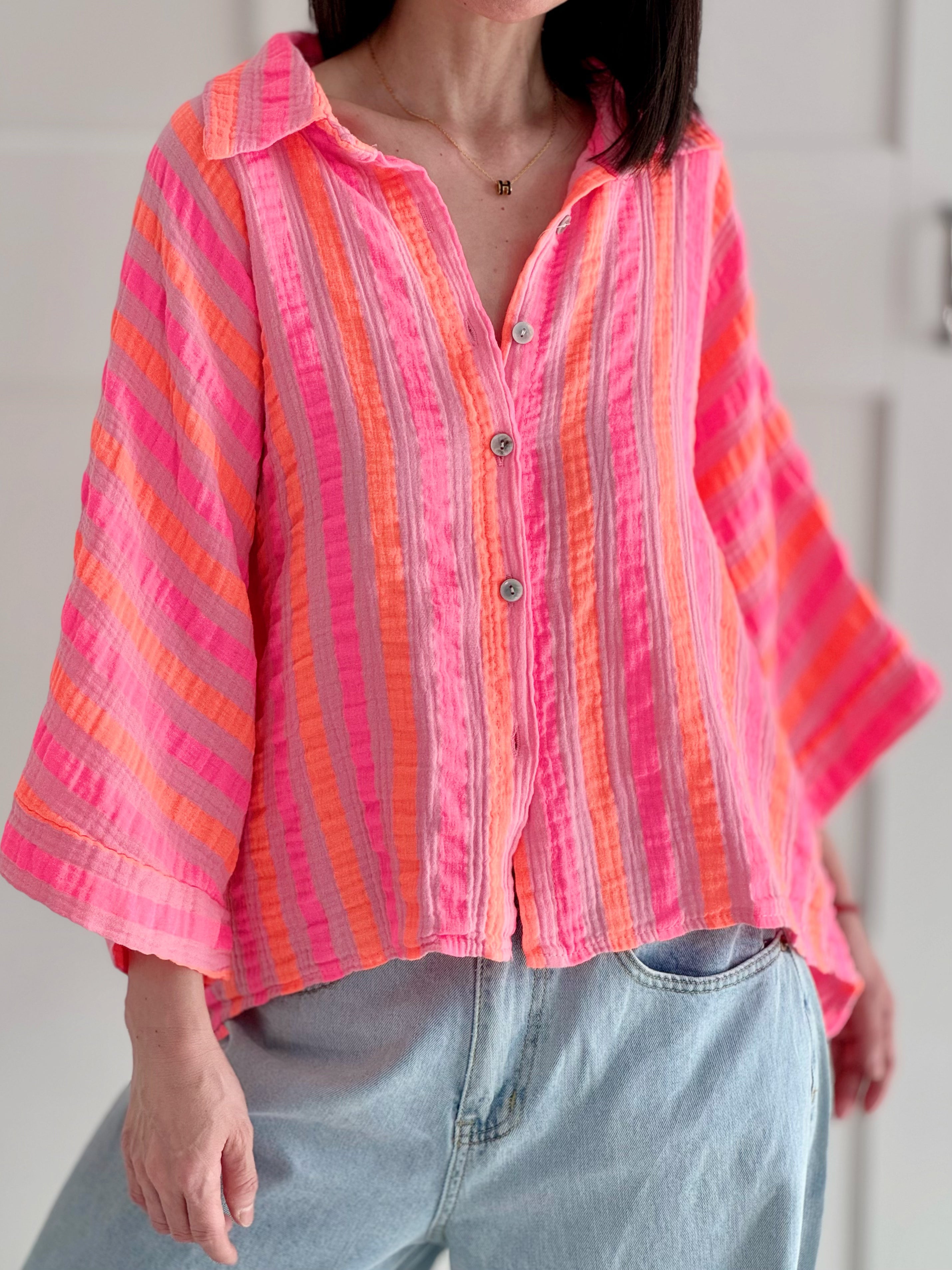 Musselin Bluse, bunte Streifen, 3/4 Ärmel, 3 Farben