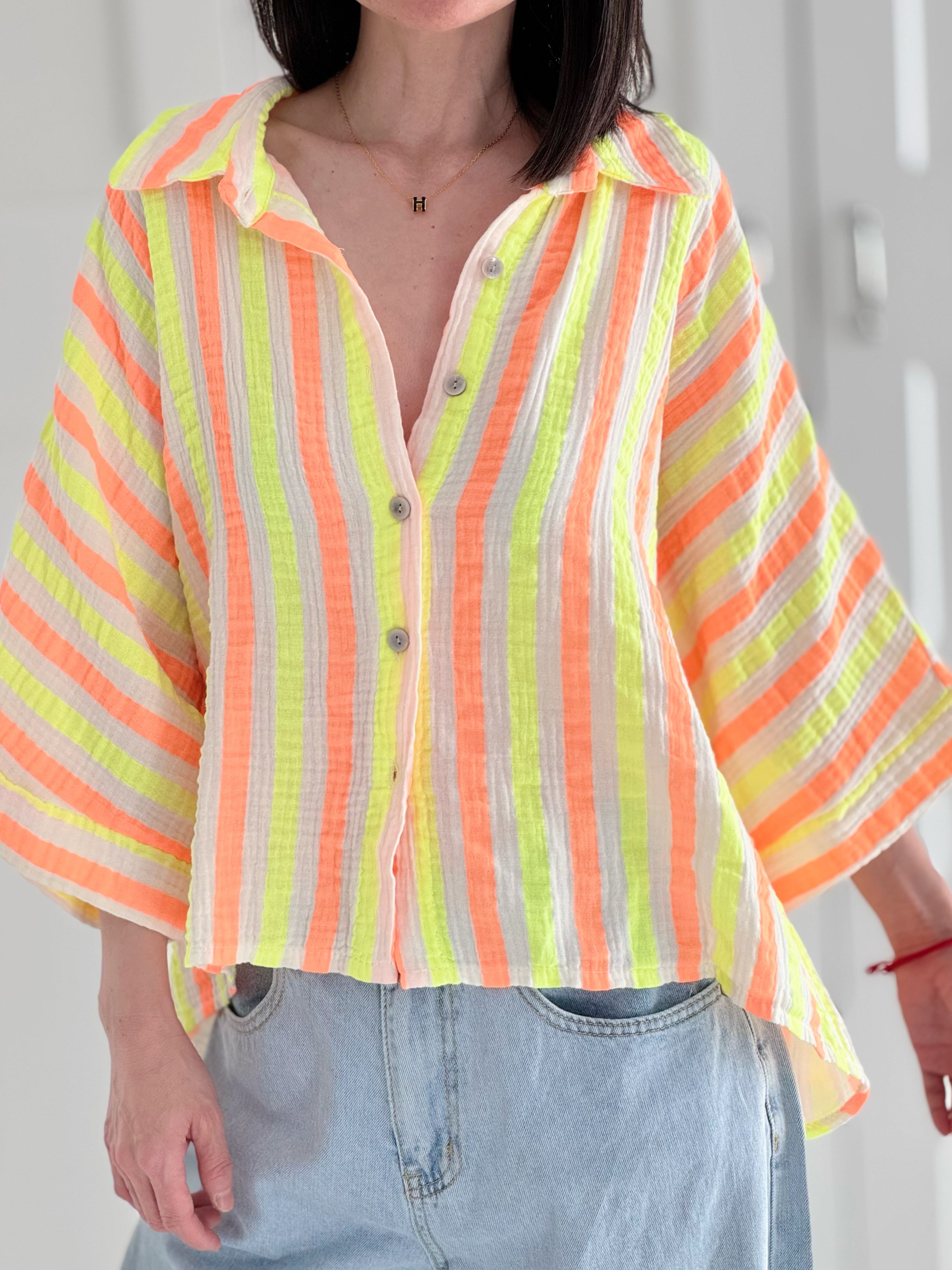 Musselin Bluse, bunte Streifen, 3/4 Ärmel, 3 Farben