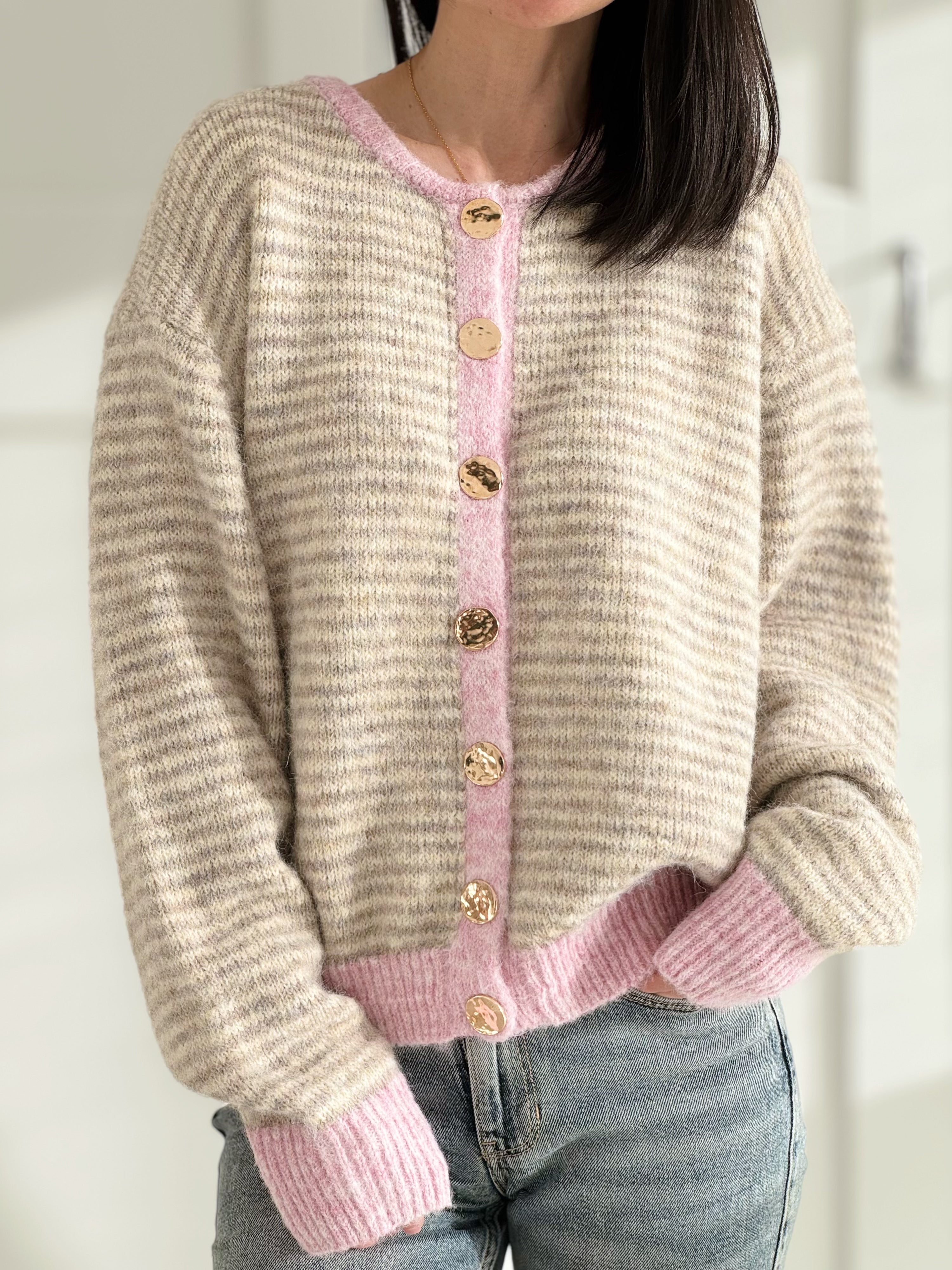 Cardigan, Stereifen &amp; Kontrastbünchen, 3 Farben