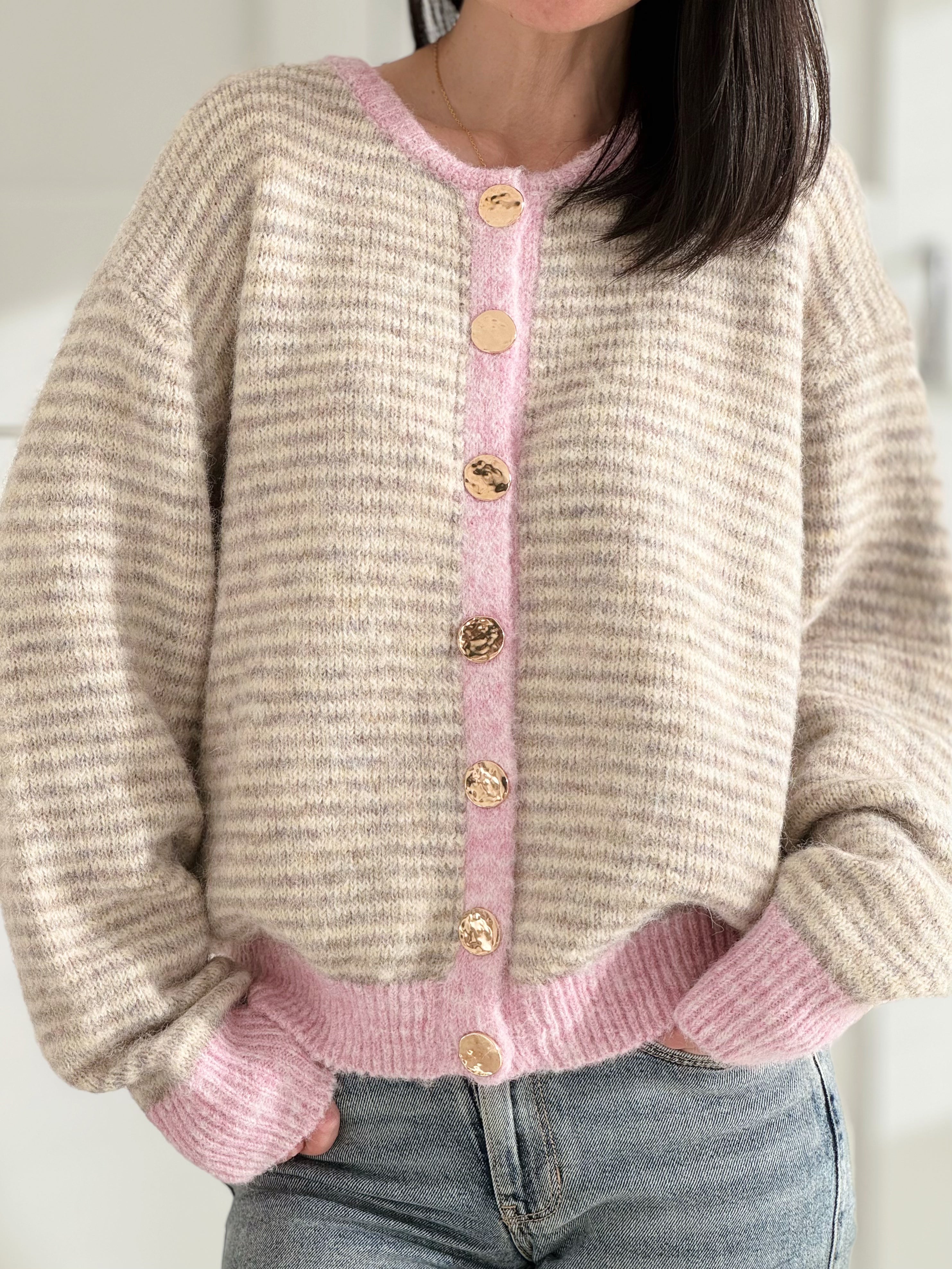 Cardigan, Stereifen &amp; Kontrastbünchen, 3 Farben