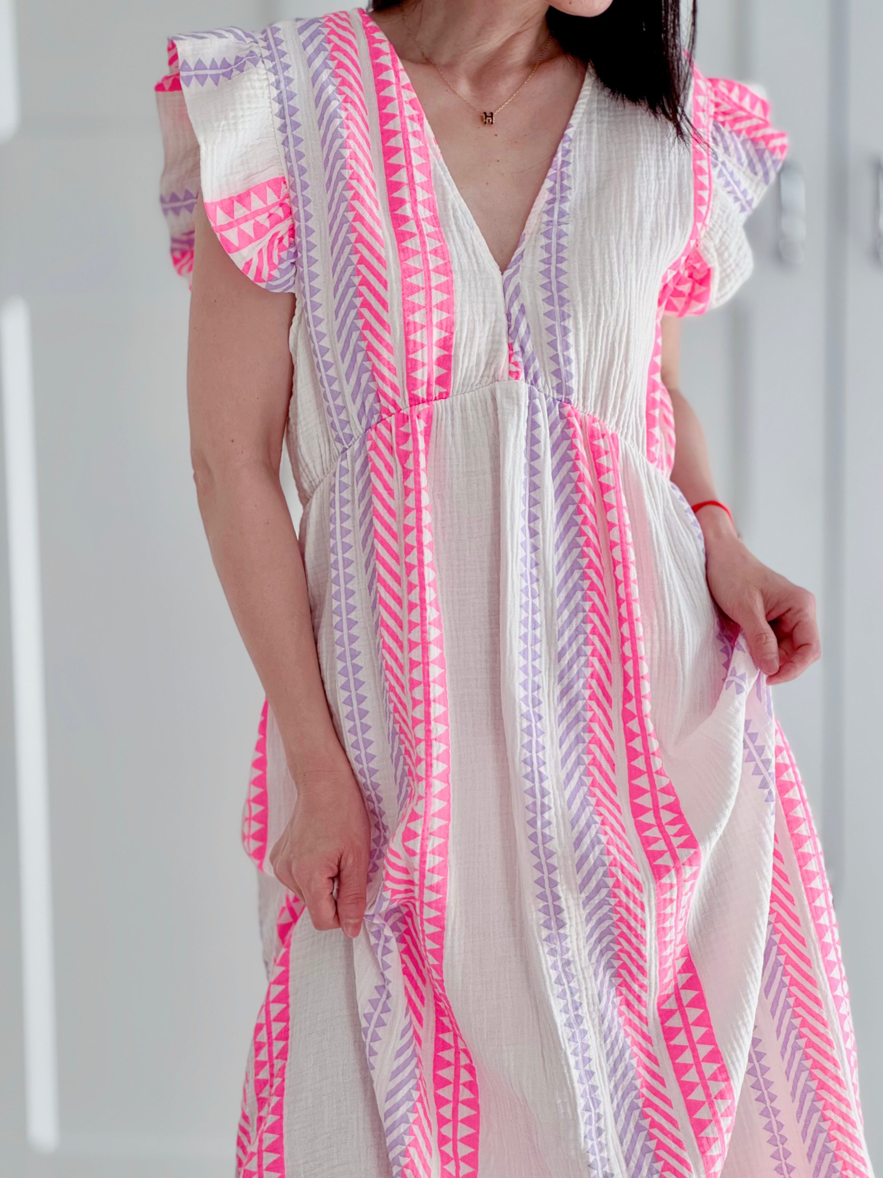 Musselin Kleid, Rückenausschnitt, ärmellos, Zickzack, 5 Farben