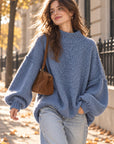 Pullover, flauschi, Stehkragen, Jeansblau