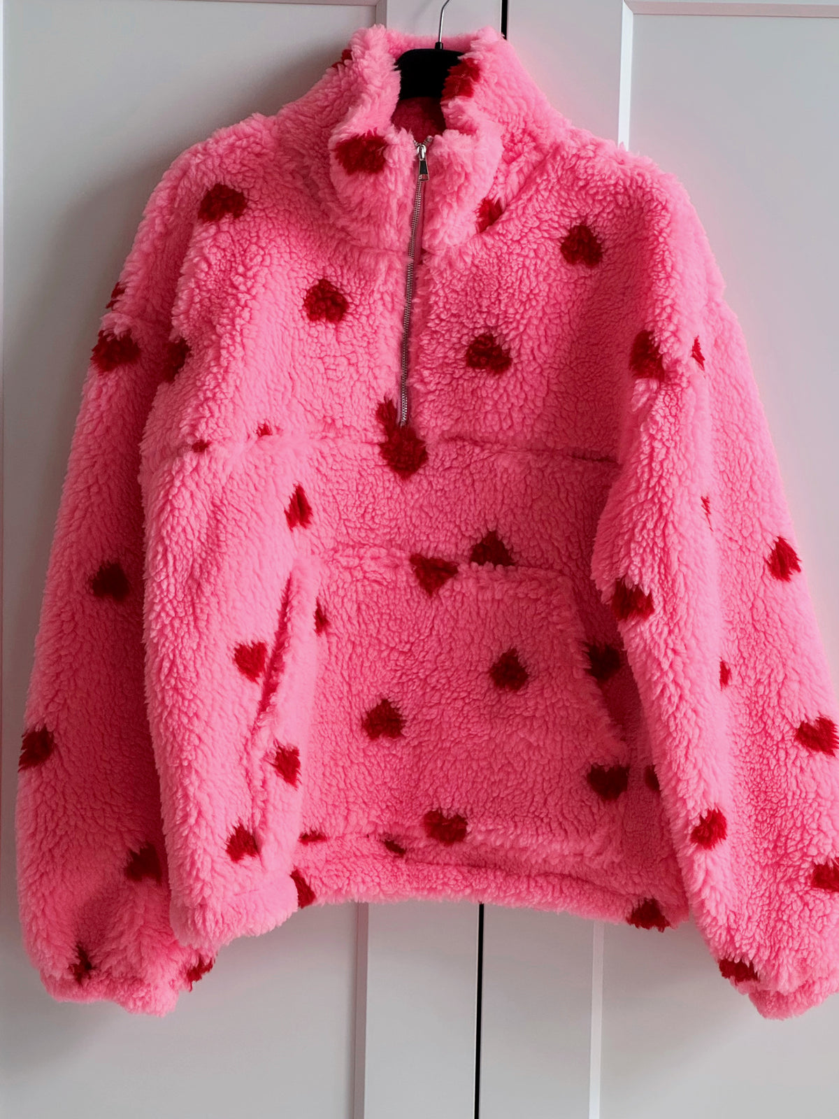 Fleece-Pullover, Herzen, Rosa-Rot