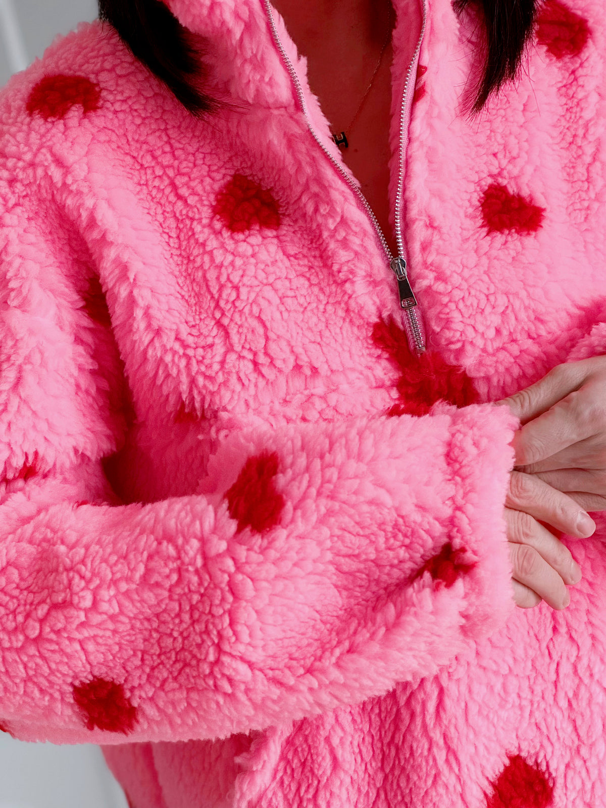 Fleece-Pullover, Herzen, Rosa-Rot