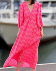 Musselin Kleid, rückenfrei, Palmenblätter, Neon-Pink