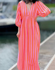 Musselin Kleid, rückenfrei, breite Streifen, Orange-Violett