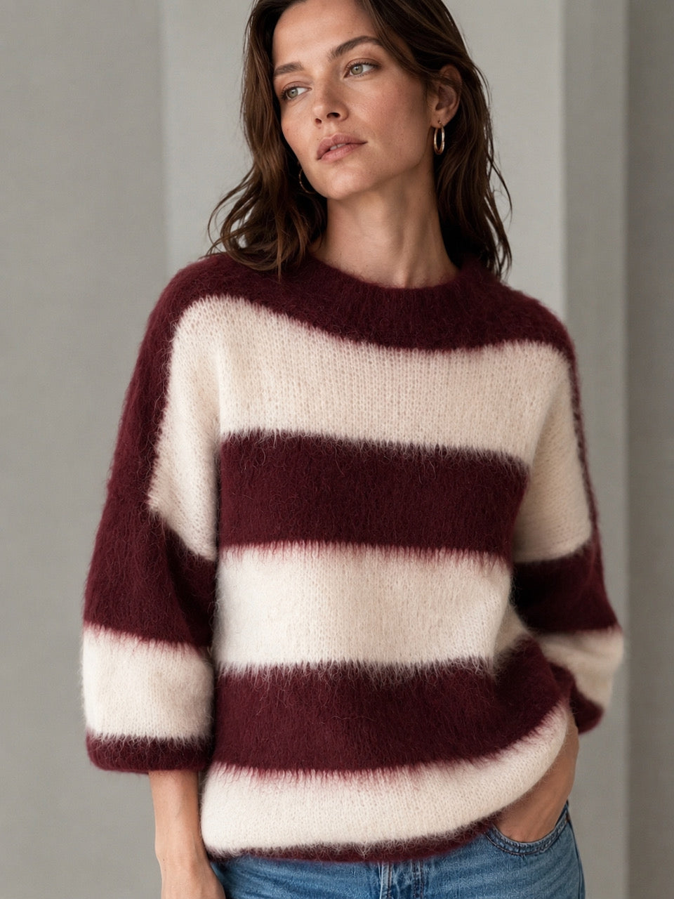 Pullover, Mohair, Blockstreifen, Bordeaux