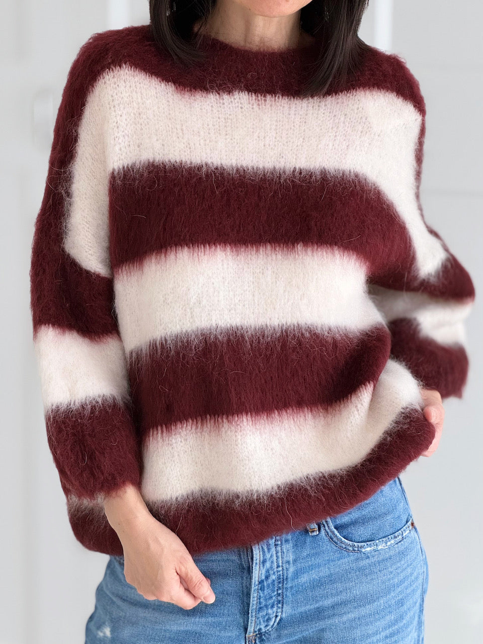 Pullover, Mohair, Blockstreifen, Bordeaux