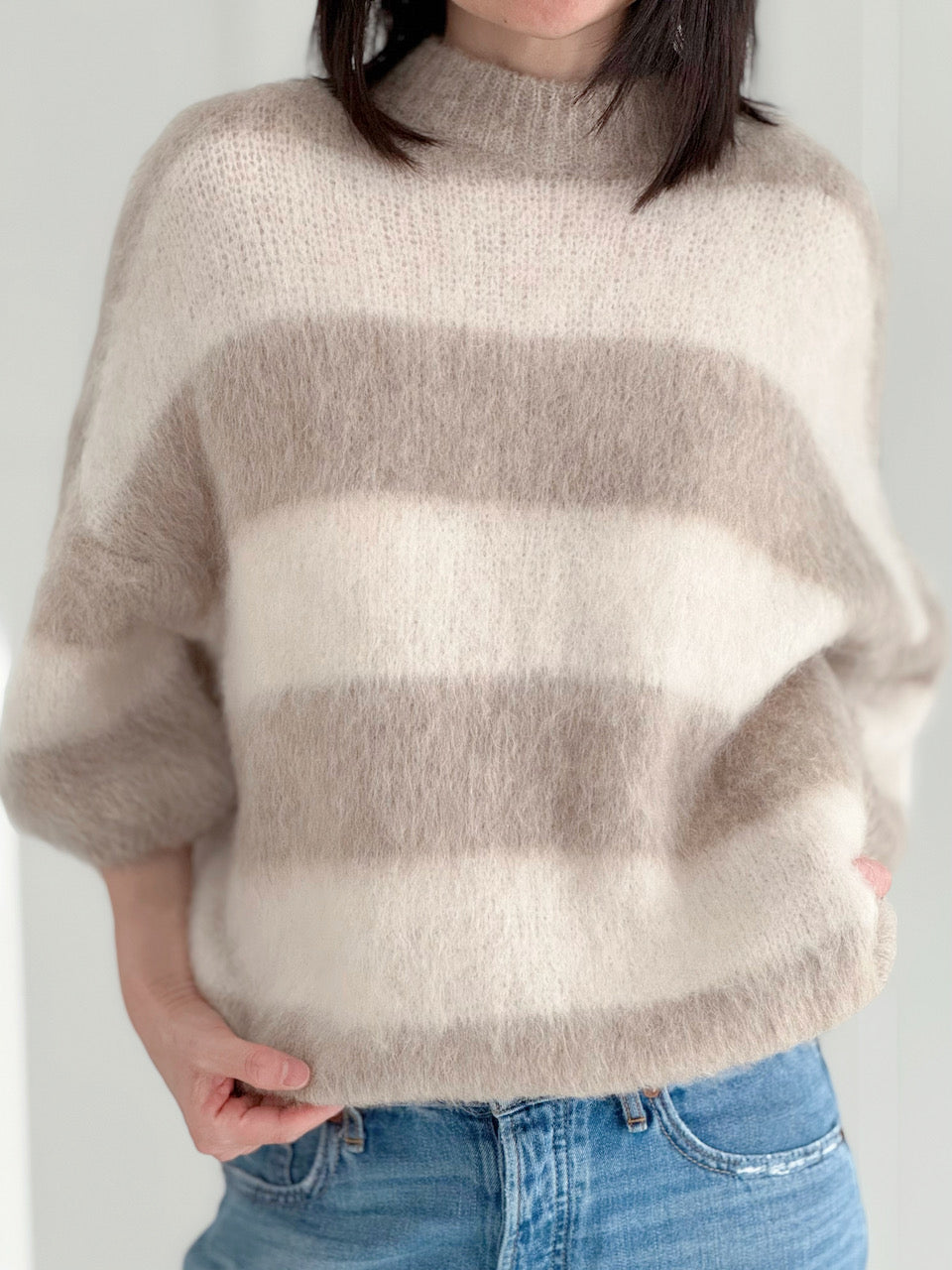 Pullover, Mohair, Blockstreifen, Beige