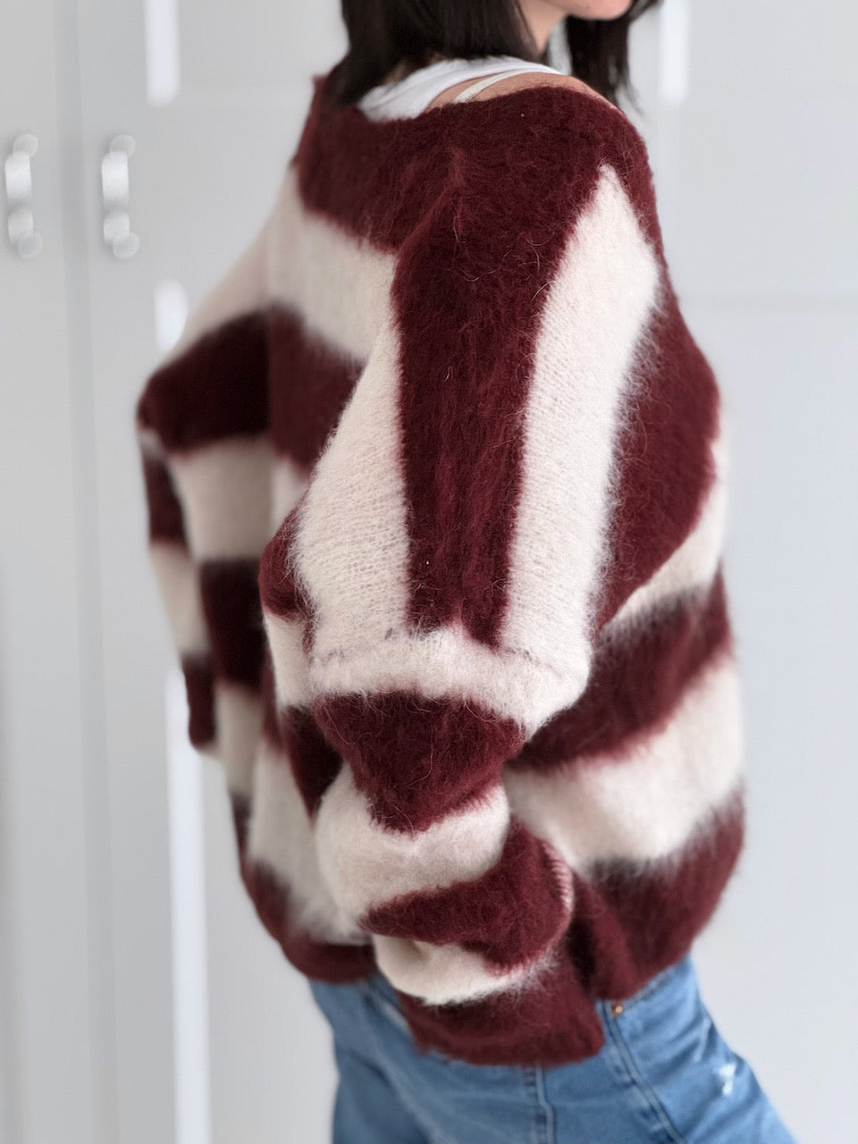 Strickjacke, Mohair, Blockstreifen, Bordeaux