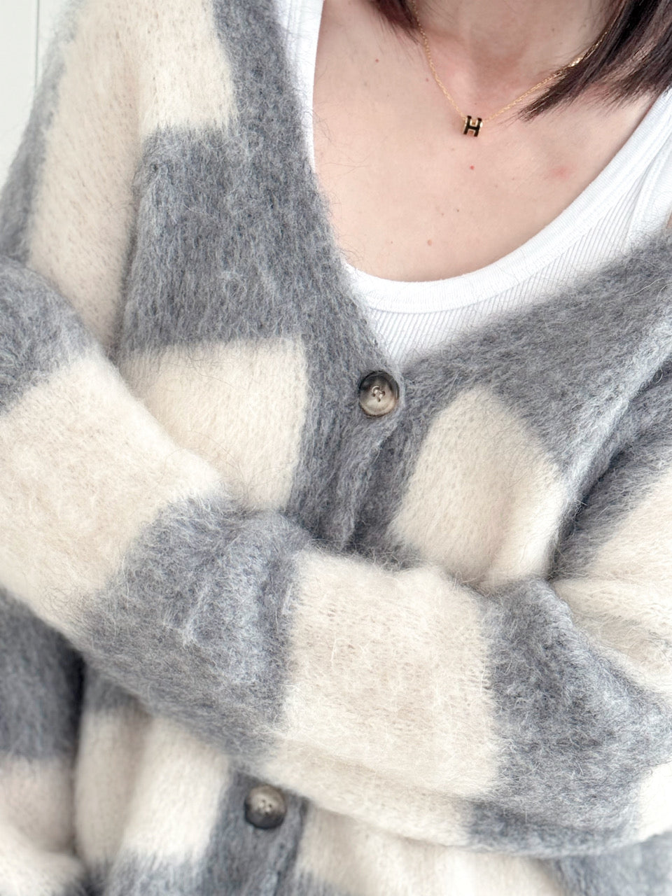 Strickjacke, Mohair, Blockstreifen, Grau