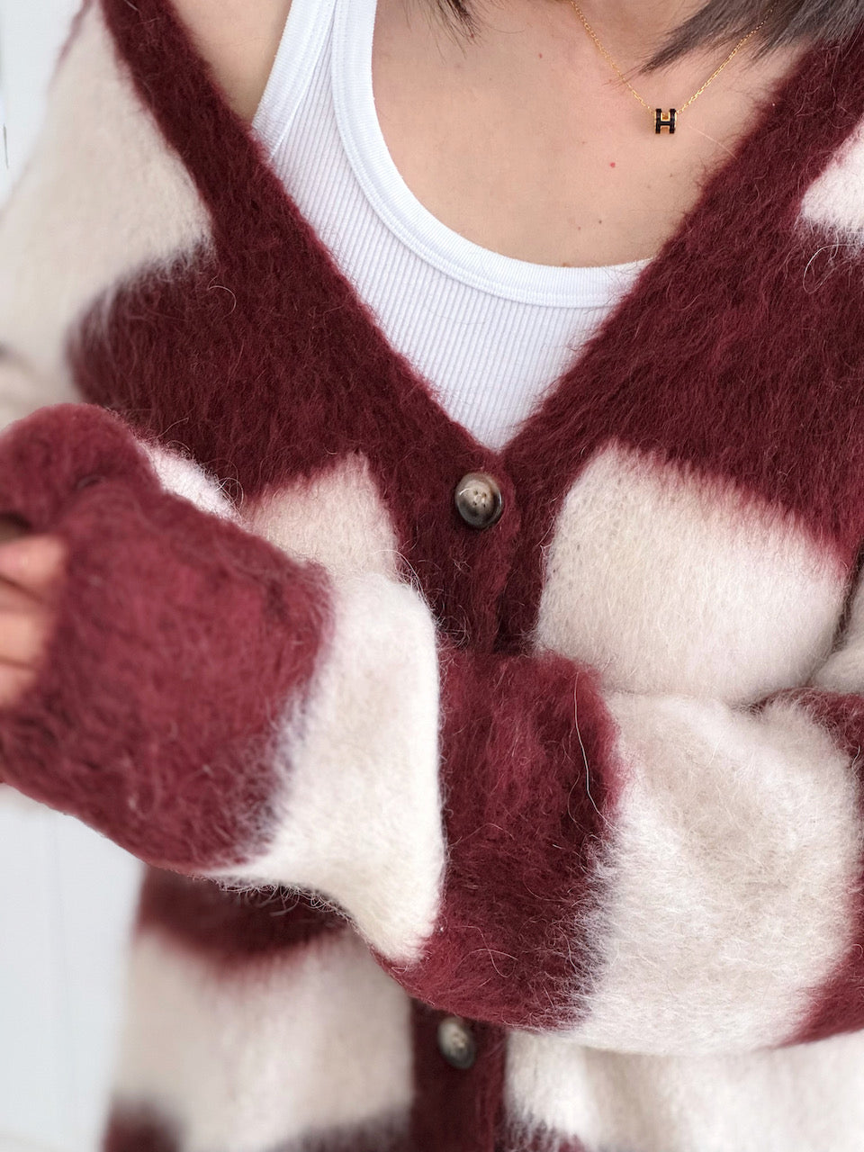 Strickjacke, Mohair, Blockstreifen, Bordeaux