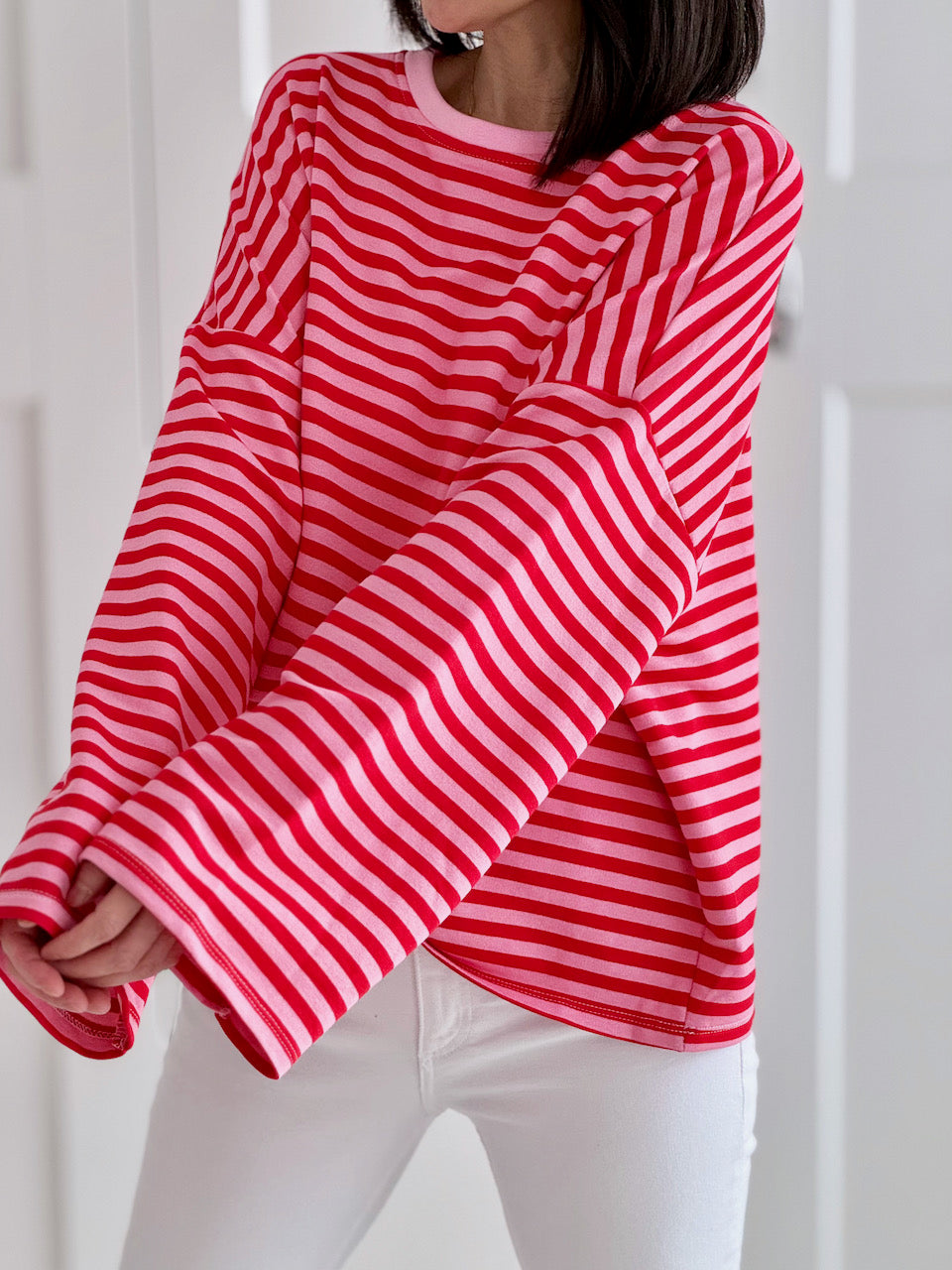 Longsleeve, Streifen, Farbkragen &amp; Weiten Ärmeln, 4 Farben