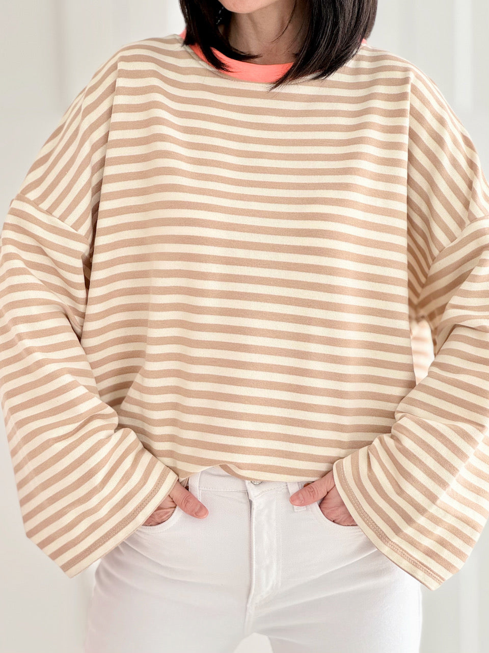 Longsleeve, Streifen, Farbkragen &amp; Weiten Ärmeln, 4 Farben