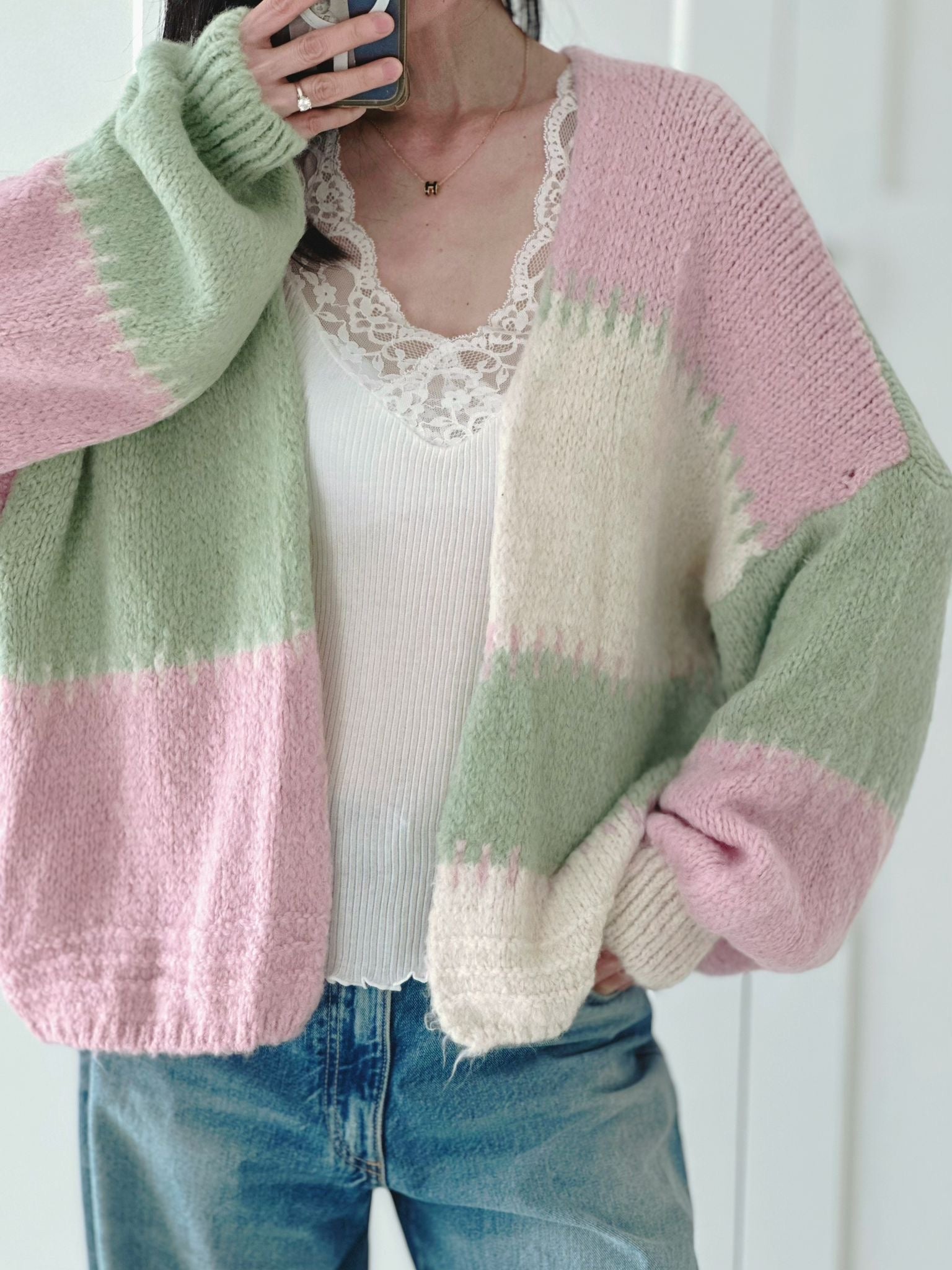 Strickjacke, Blockstreifen, Flauschi, 4 Farben