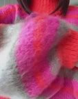 Oversize-Pullover, flauschi, bunte Streifen, NeonOrange-Pink