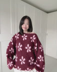 Pullover, Blumen, Ballonärmel, Bordeaux-Rosa
