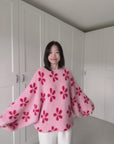 Pullover, Blumen, Ballonärmel, Rosa-Rot