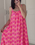 Musselin Sommerkleid, Palmblätter, Neon-Pink