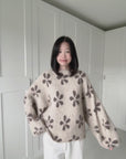 Pullover, Blumen, Ballonärmel, Beige-Taupe