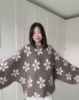 Pullover, Blumen, Ballonärmel, Taupe-Creme