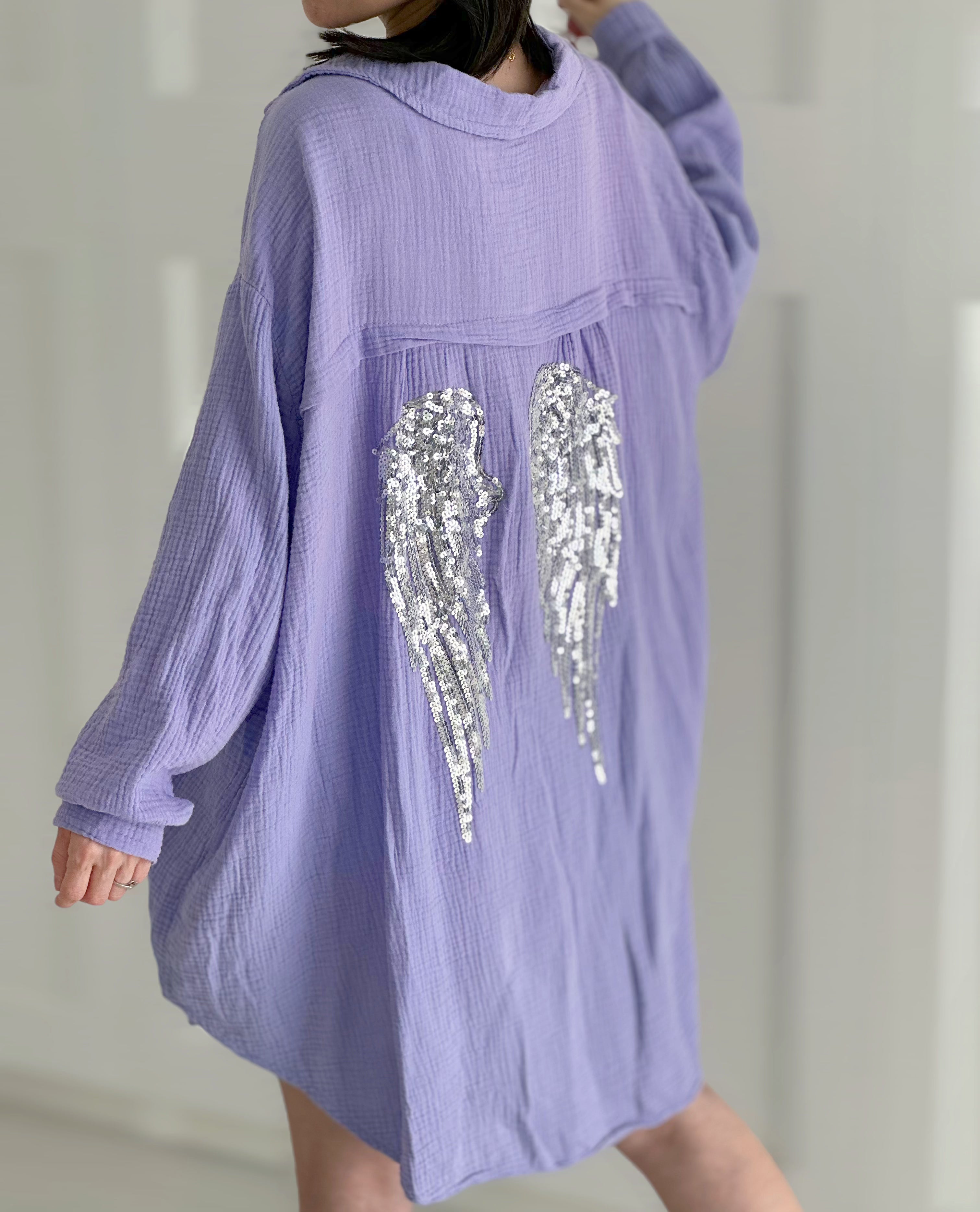 Musselin Bluse, oversize, Engelsflügel, Violett