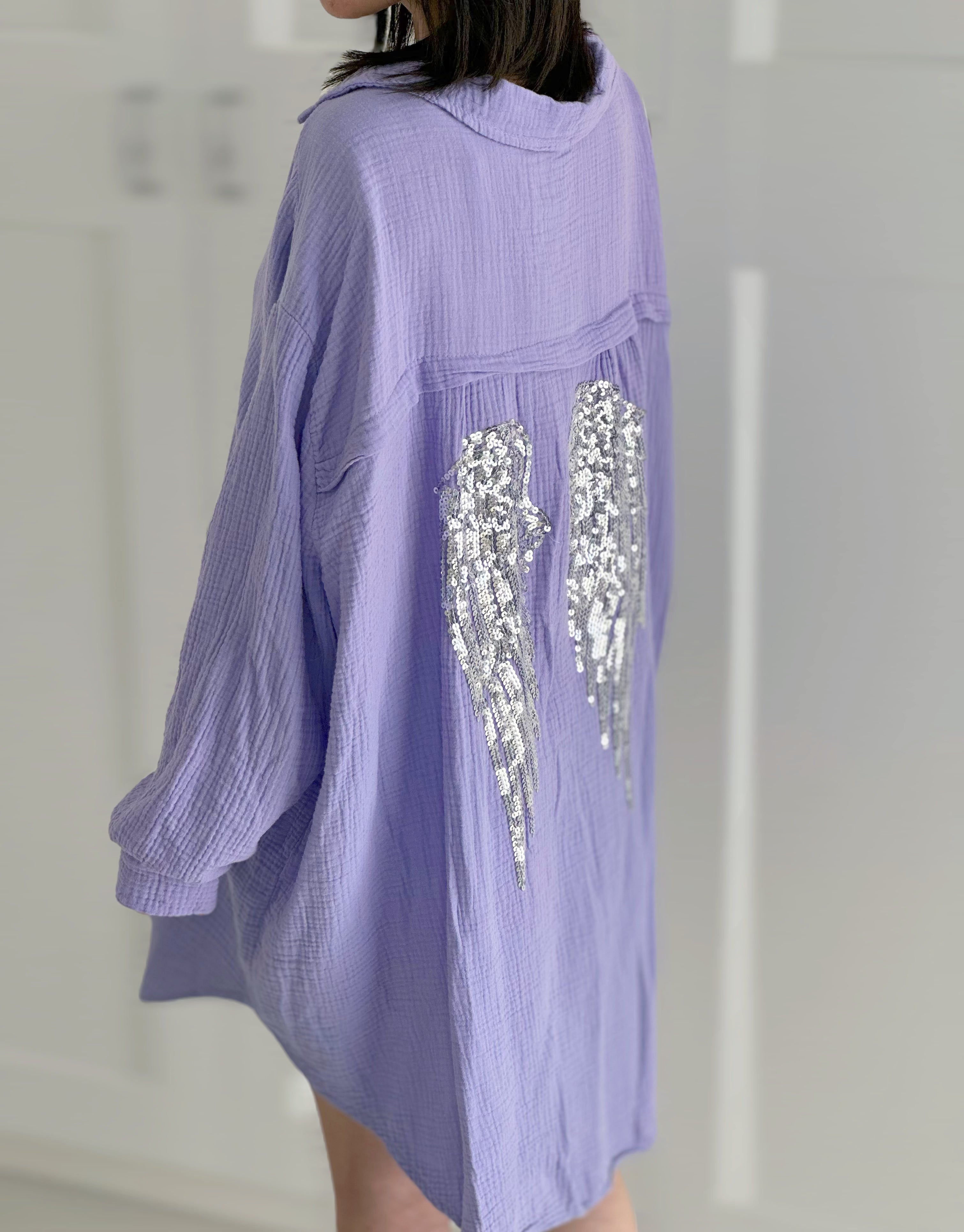 Musselin Bluse, oversize, Engelsflügel, Violett