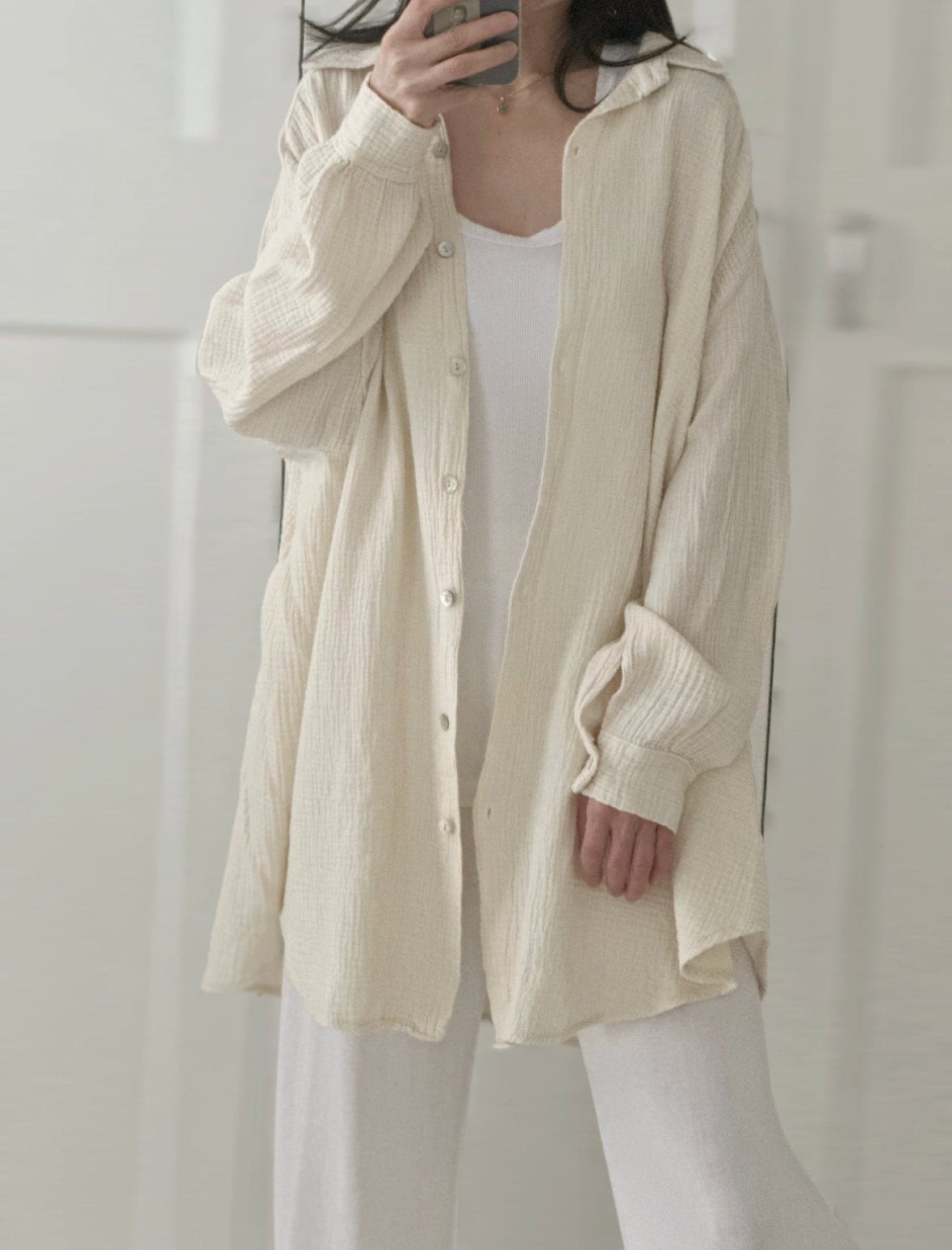 Musselin Bluse, long oversize, Cremeweiß